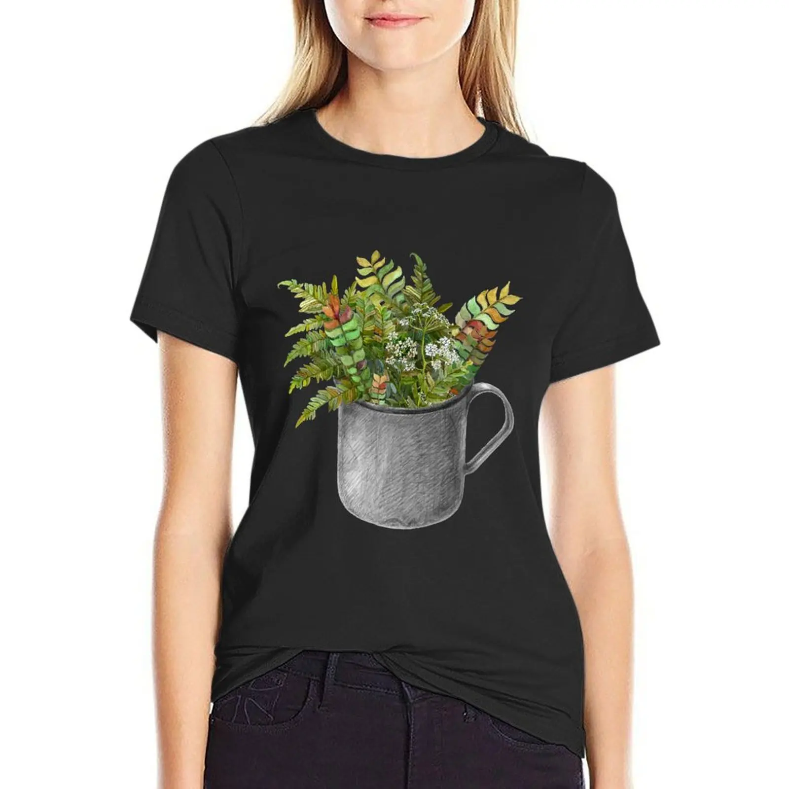 

Mug with autumn fern T-Shirt female vintage clothes animal print shirt for girls summer clothes white t-shirts for Women