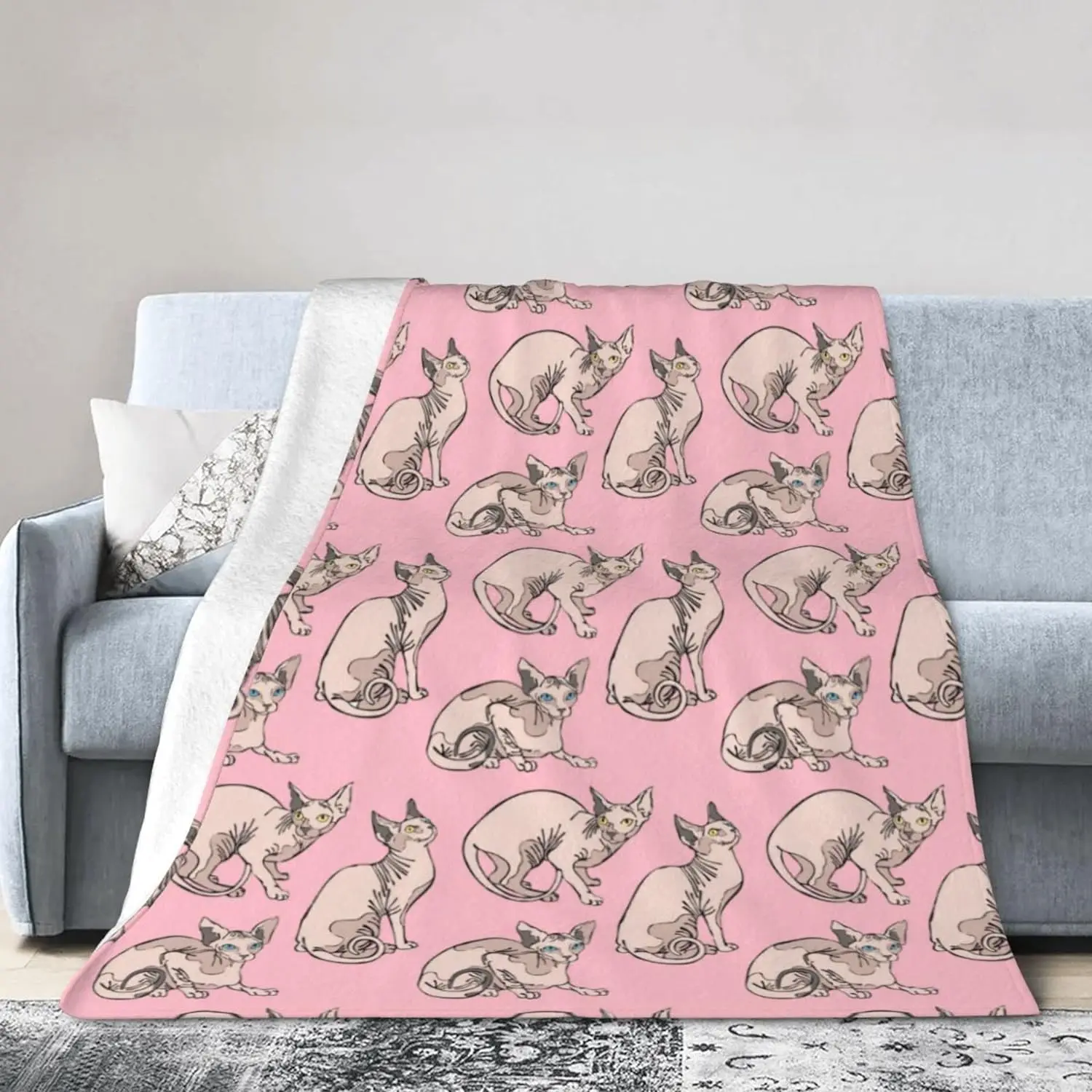 Blanket Ultra Soft Plush Throw Blankets Fluffy Hairless Naked Cats Sphynx Cats Pattern Pink Throw Blanket Gifts for Christamas