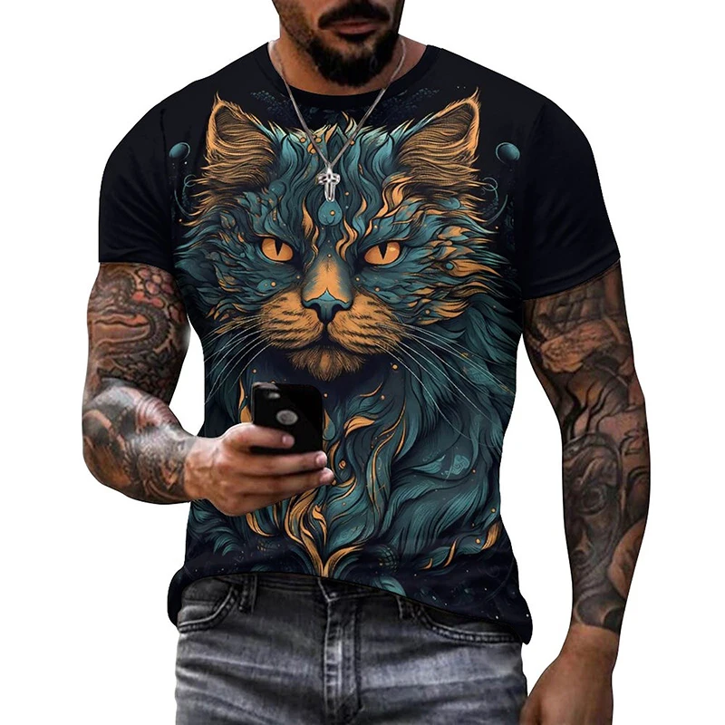 3D-Druck Bunte Lustige Katzen-Grafik T-Shirts für Männer Sommer Kurzarm Herren Tee Tops Mode Lässig Übergrößen Streetwear – Detail 7