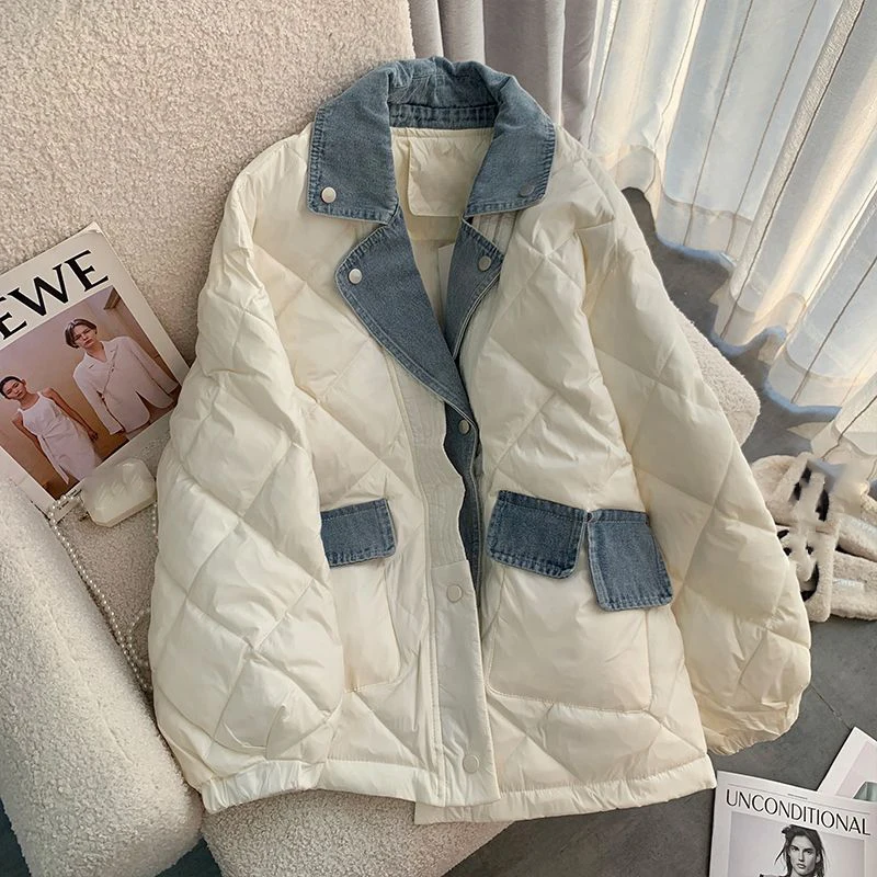 

Korean Style Fashion Cotton Jackets Fall Winter Women's Denim Patchwork Turn Down Collar Single Breasted Chic Overcoats