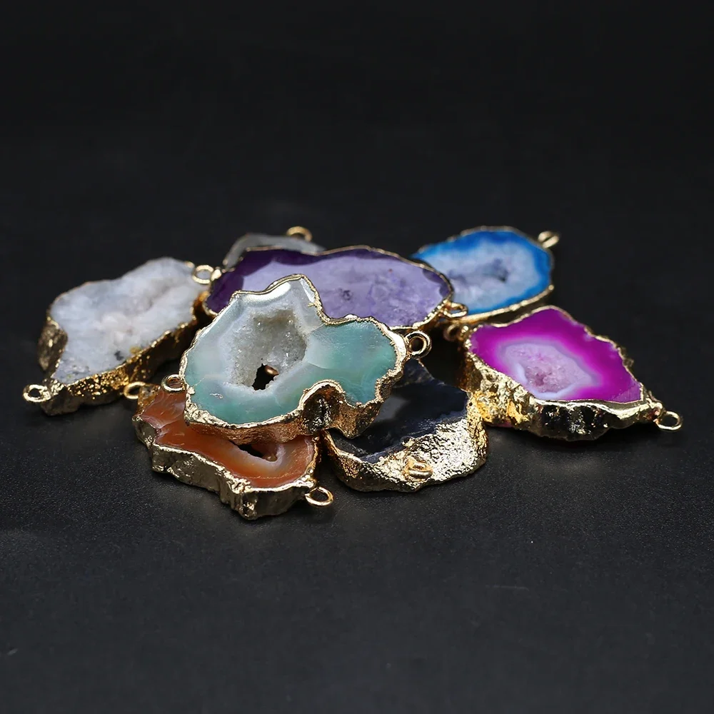 Natural Stone Pendant Irregular Shape Slice Two-Hole Connector Agate Charms For Jewelry DIY Necklace Bracelet Accessories Making