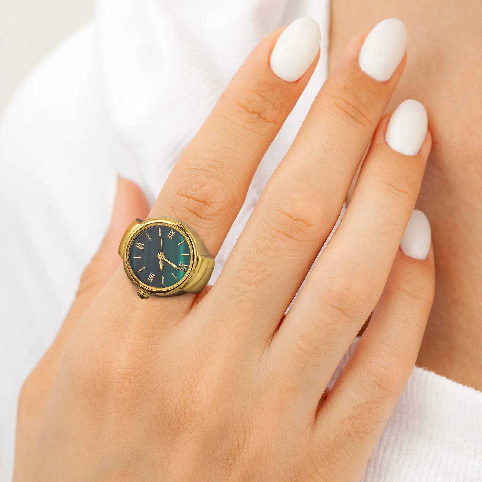 

Миниатюрные часы-кольцо на палец из цинкового сплава с римскими цифрами, современные стильные украшения для повседневной и официальной носки, маленькие зеленые мини-часы