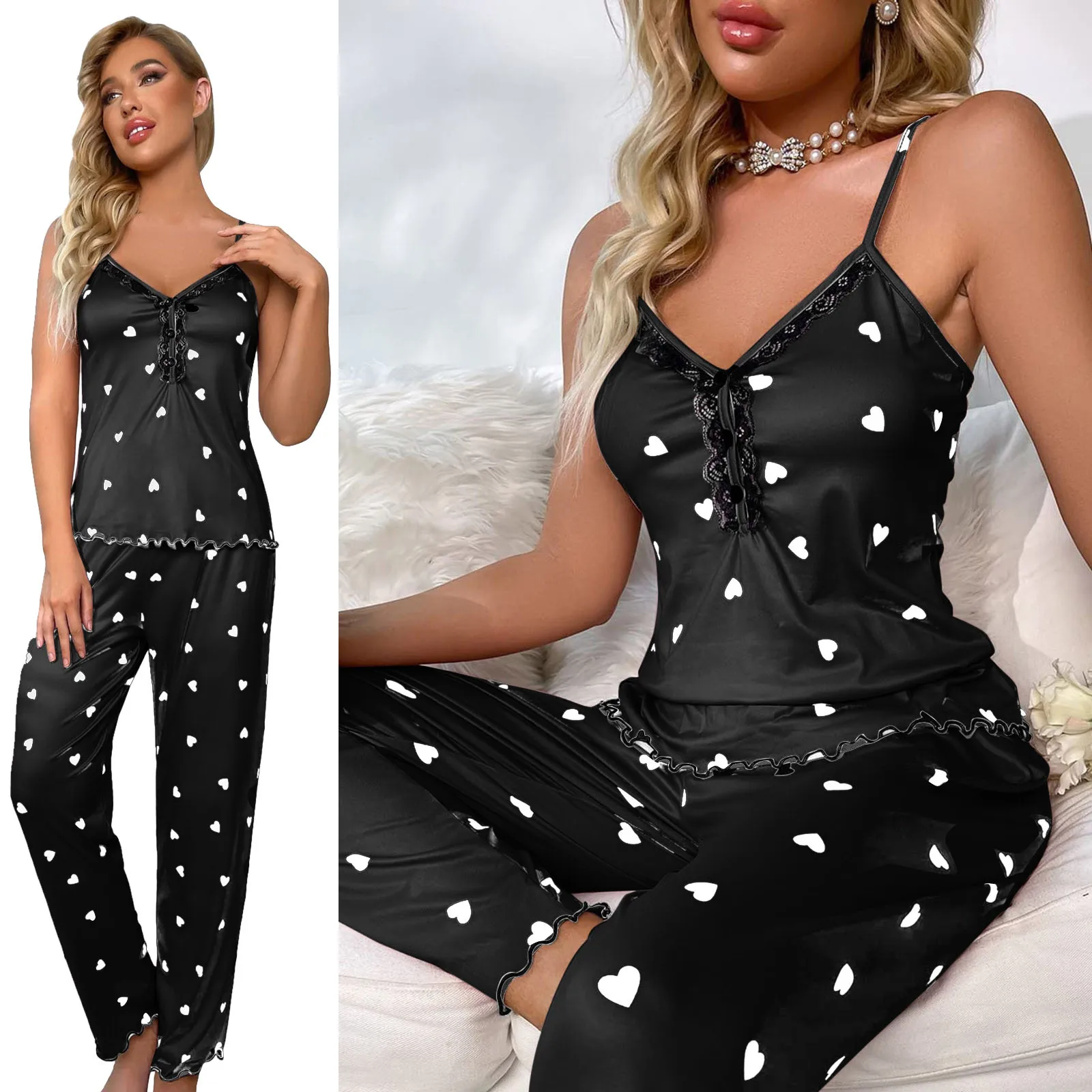 Ensemble de pyjama sexy 2 pièces pour femmes, col en V profond, pantalon long, dentelle, vêtements de nuit trempés