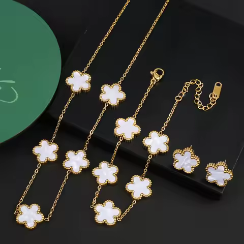 INS Hot Sale Stainless Steel Five Laef Flower Clover Bracelet Jewelry Set Necklace Earrings For Woman Daily Wear Brand Jewelry