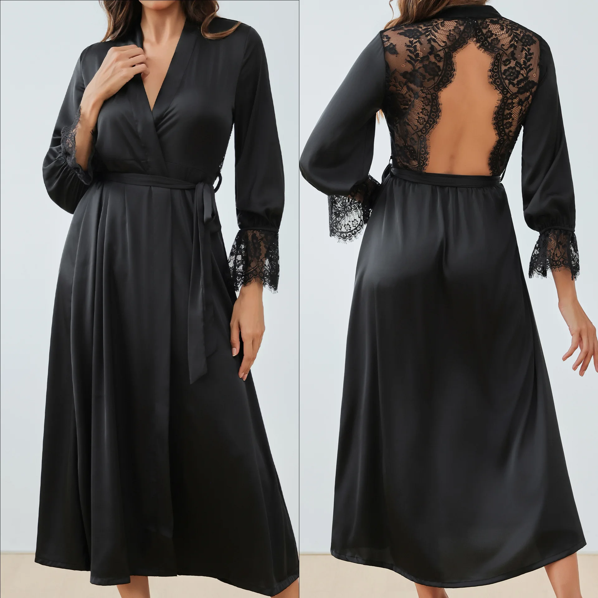 Whisper Lumi Summer Thin Satin Chiffon Long Robe For Women Lace Patchwork French Elegant Backless Luxury Sleepwear Loungewear 4