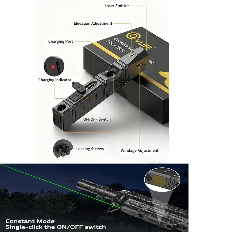 

CVLIFE Green Laser Sight Low-Profile Tactical Laser Sighting Rechargeable Strobe for Rifle Compatible with M-Lok Rail Surface