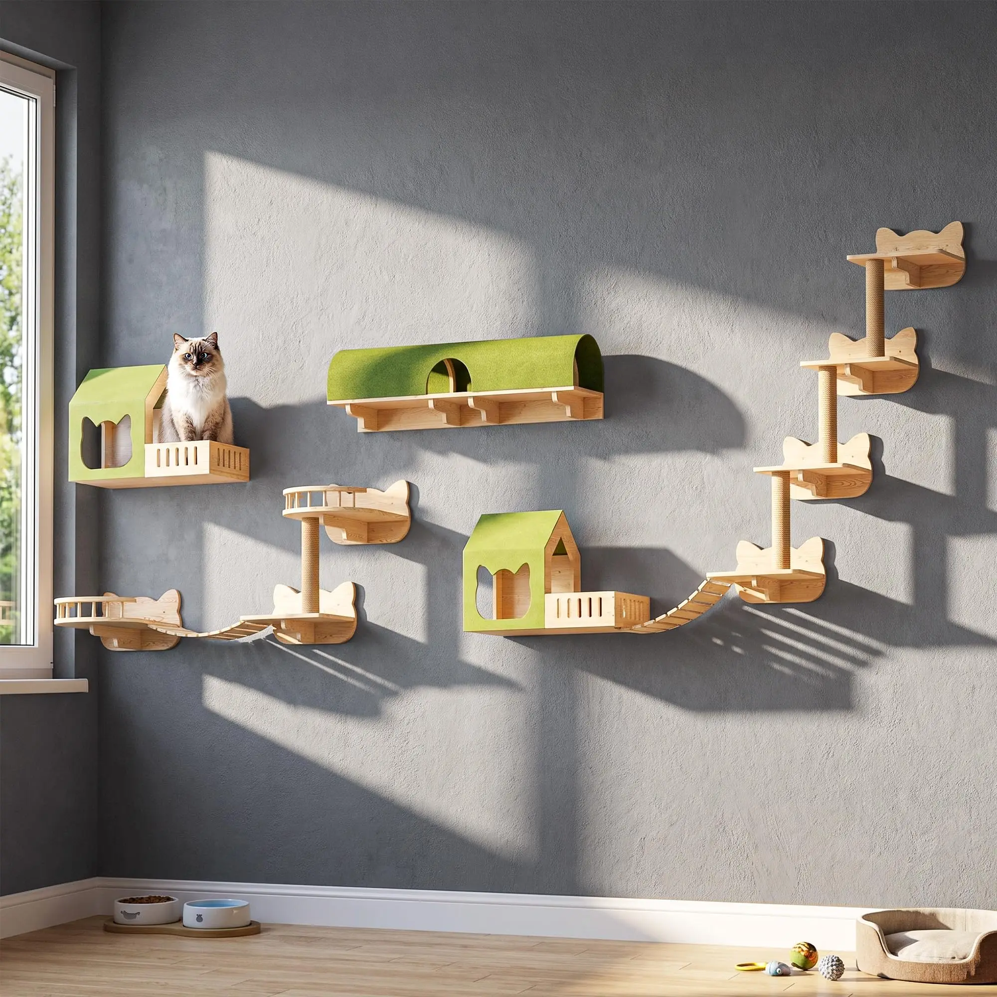 Cat Wall Shelves,16-Piece Solid Pine Cat Wall Furniture Set