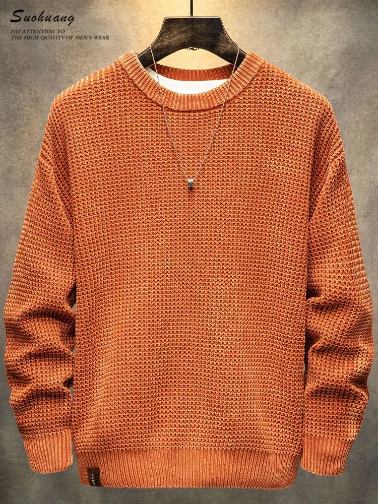 Crew neck sweater men's cotton retro shoulder thick wool spring and autumn loose top knitted solid color fashion Loose versatile