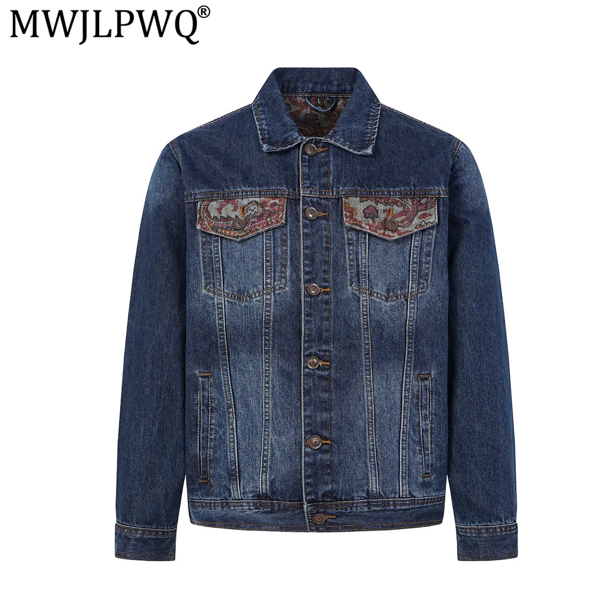 MWJLPWQ Men Vintage Washed Denim Jacket Jacquard Patch Pocket Design Lapel Button Up Casual Outerwear Spring Autumn New 20706