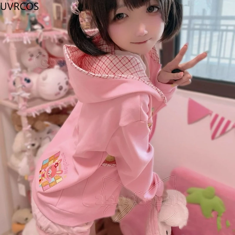 الوردي Kawaii منقوشة هوديس معطف اليابانية 2025 الملابس النسائية Y2k سستة طويلة الأكمام مقنعين الكرتون نمط جيب بلوزات