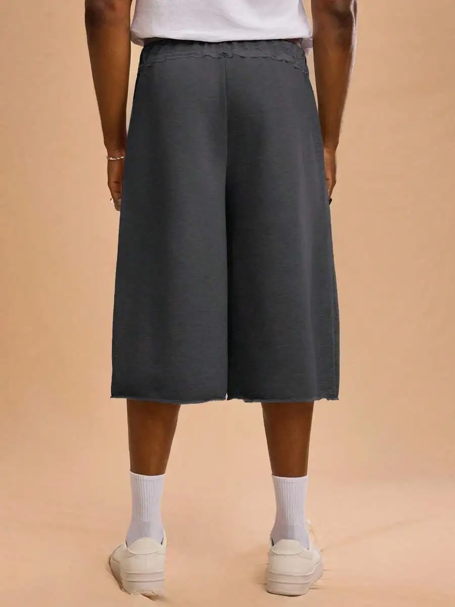 Mens Grey Casual Loose Mid-Length Shorts With Unfinished Edges Streetwear Baggy Jogger Shorts