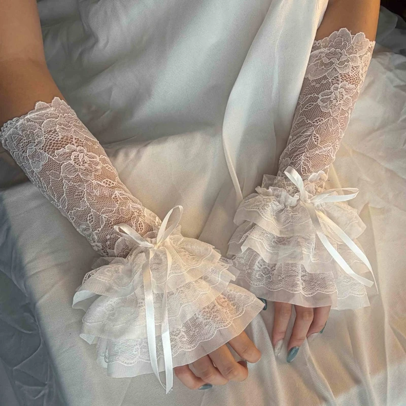 Sweet Layered Floral Lace False Sleeves Lolita Bowknot Ruffle Wrist Cuffs Arm Warmer Fingerless Gloves Cosplay Accessories