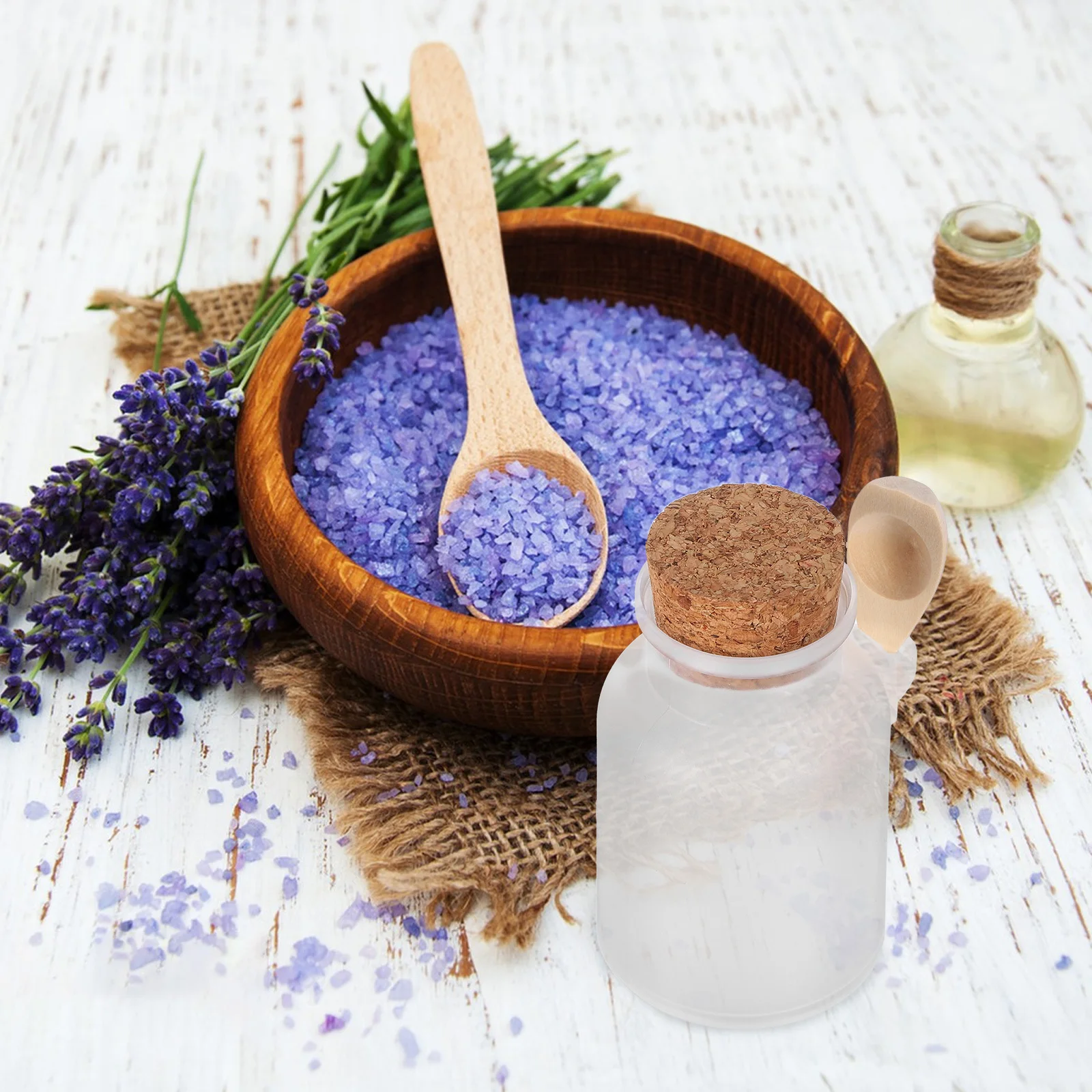 8 Stück mattierte Badesalzflaschen, Korkversiegelung, nachfüllbare Kunststoffbehälter für Badesalze, Maskenpulver, ätherische Öle, tragbar