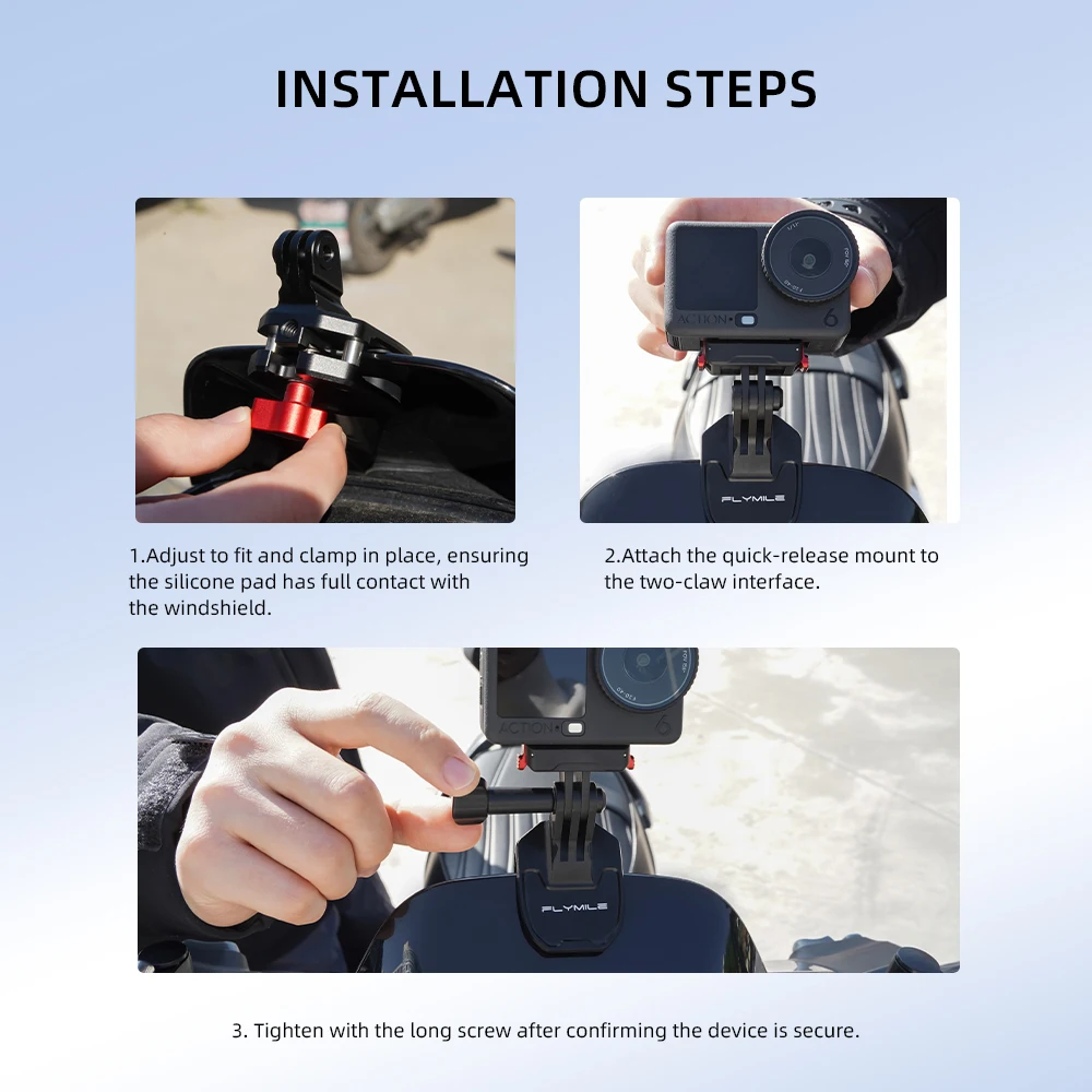 Flymile Kamera Motorrad Windschutzscheiben-Klemmhalterung für DJI OSMO 360 II/Action 6/Action 5/Insta360 X6/Ace Pro Zubehör – Detail 11
