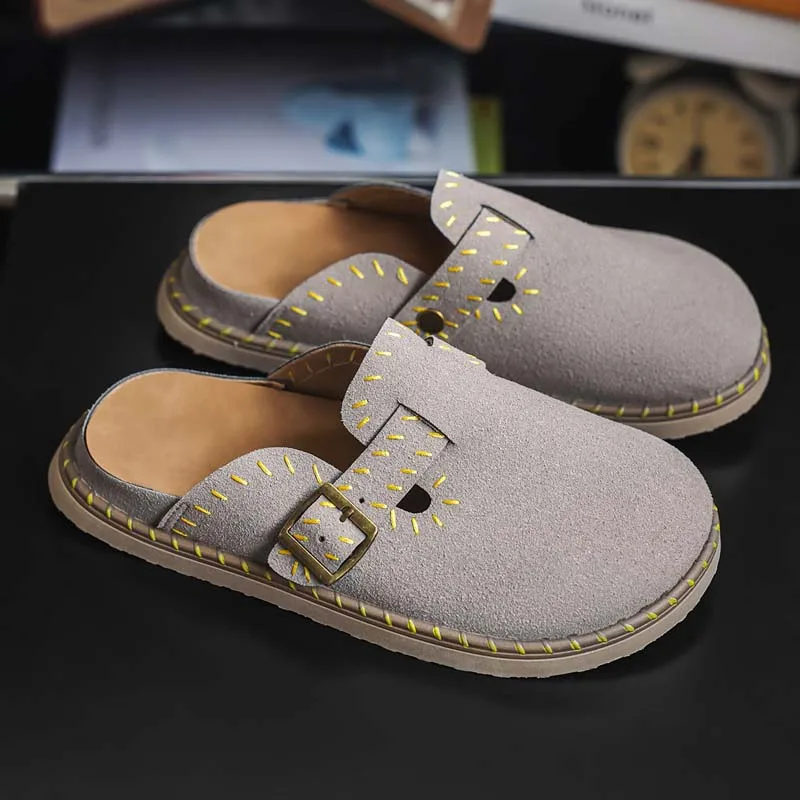 Mules Men Half Slippers Plus Size Leather Men Casual Shoes Breathable Lightweight Walking Shoes Backless Loafers Slip On Shoes