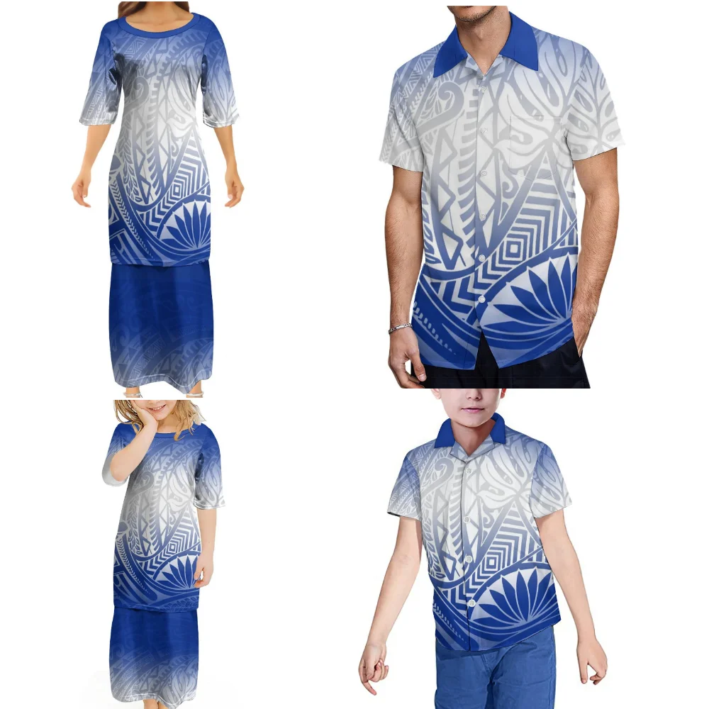 Pacific Islands Puletasi Women's Long Dress Summer Short Sleeve Adult Children Family Set Custom Polynesian Pattern