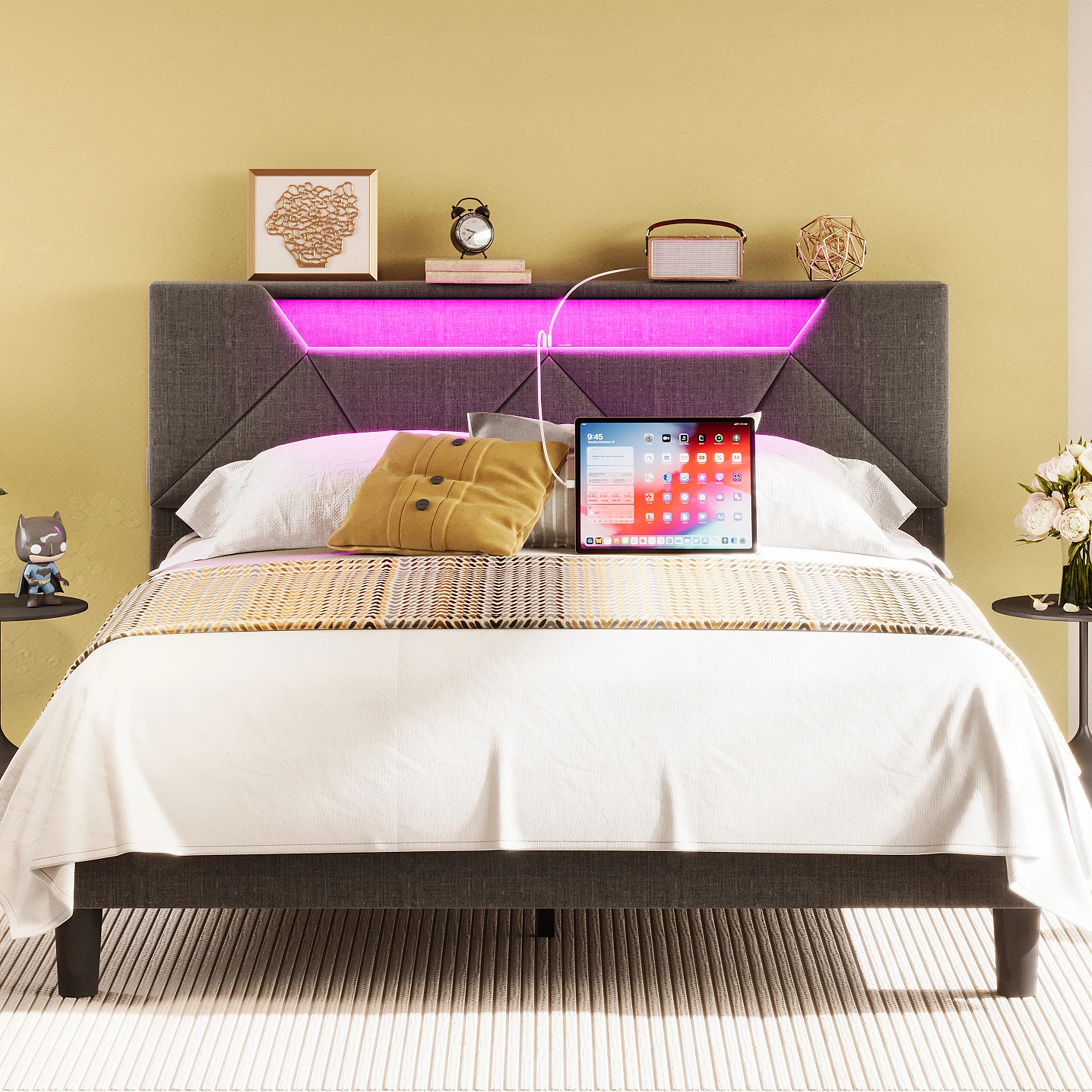 Bed Frame with Storage Headboard and Charging Station, LED Lights Upholstered Platform Bed, Heavy Duty Steel Support Legs, Easy