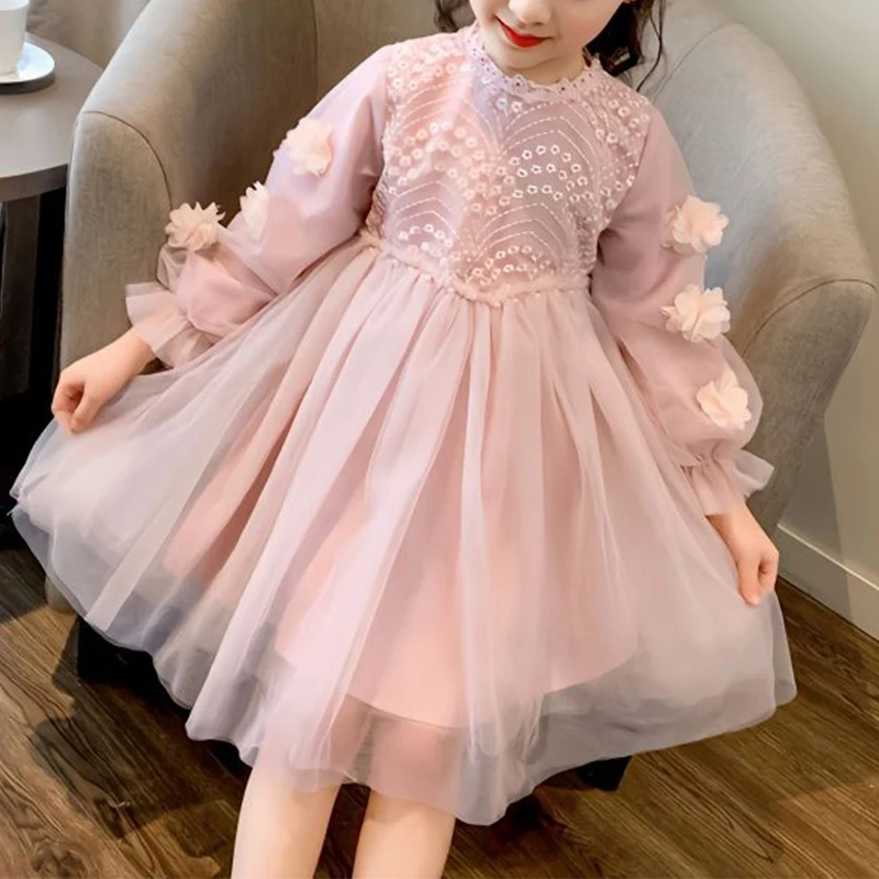 Autumn Winter New Fashion Kawaii Girls Party Dress Solid Appliques Long Sleeve Kids Princess Dress Cute Sweet Children\'s Clothes