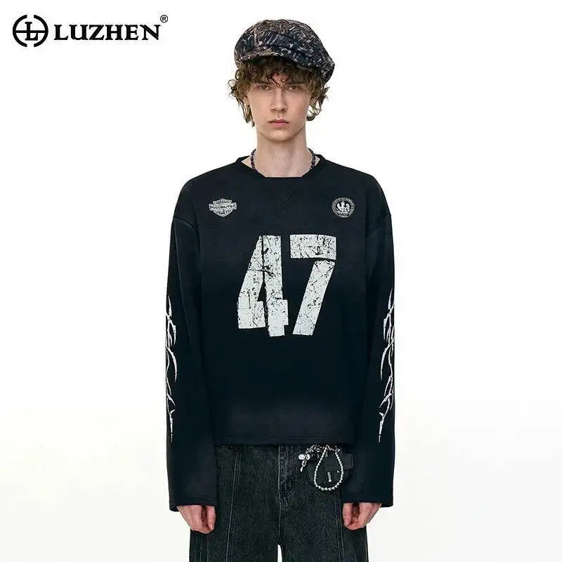 LUZHEN 2026 New Original Number Patchwork Long Sleeve T-shirts Men's Fashion Handsome High Quality Round Neck Male Tops JY6748