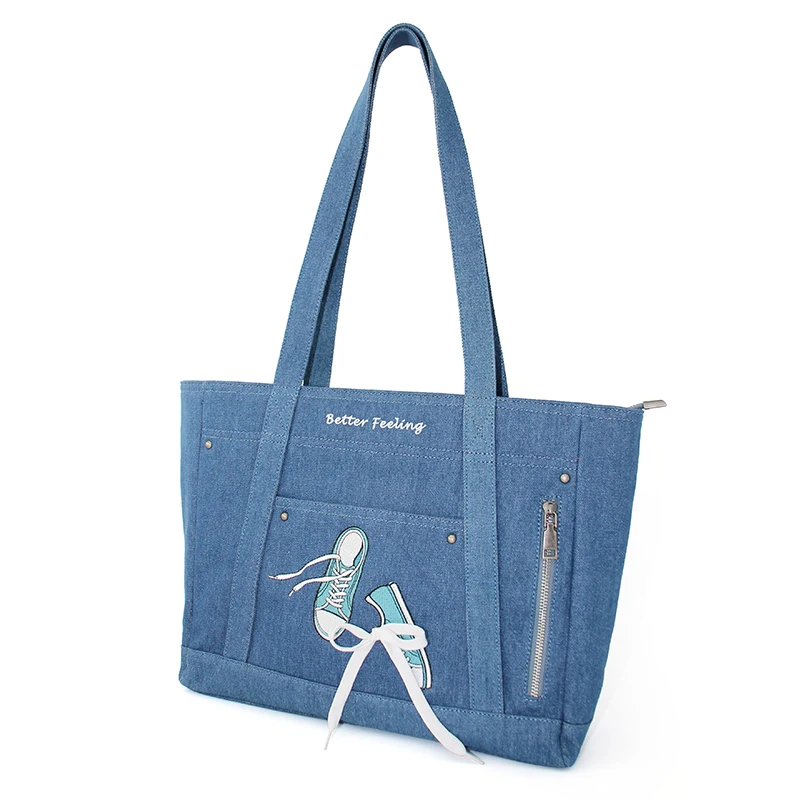 Bolsa de ombro feminina de tecido denim, sapatos de princesa flor, sacola de grife, bolsas grandes, moda feminina, tendência feminina, 2024