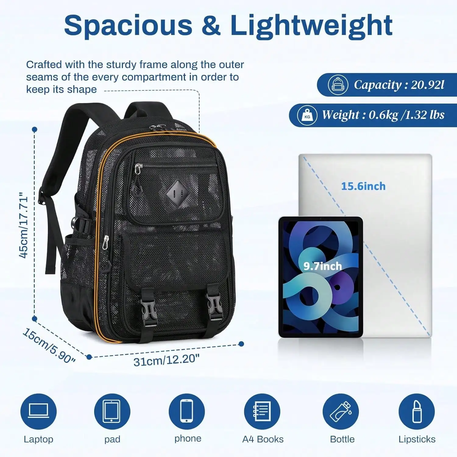 Black Large Heavy Duty Ultra Lightweight Mesh Breathable See Through Backpack, Transparent Net Bookbag For School Beach Sports Gym