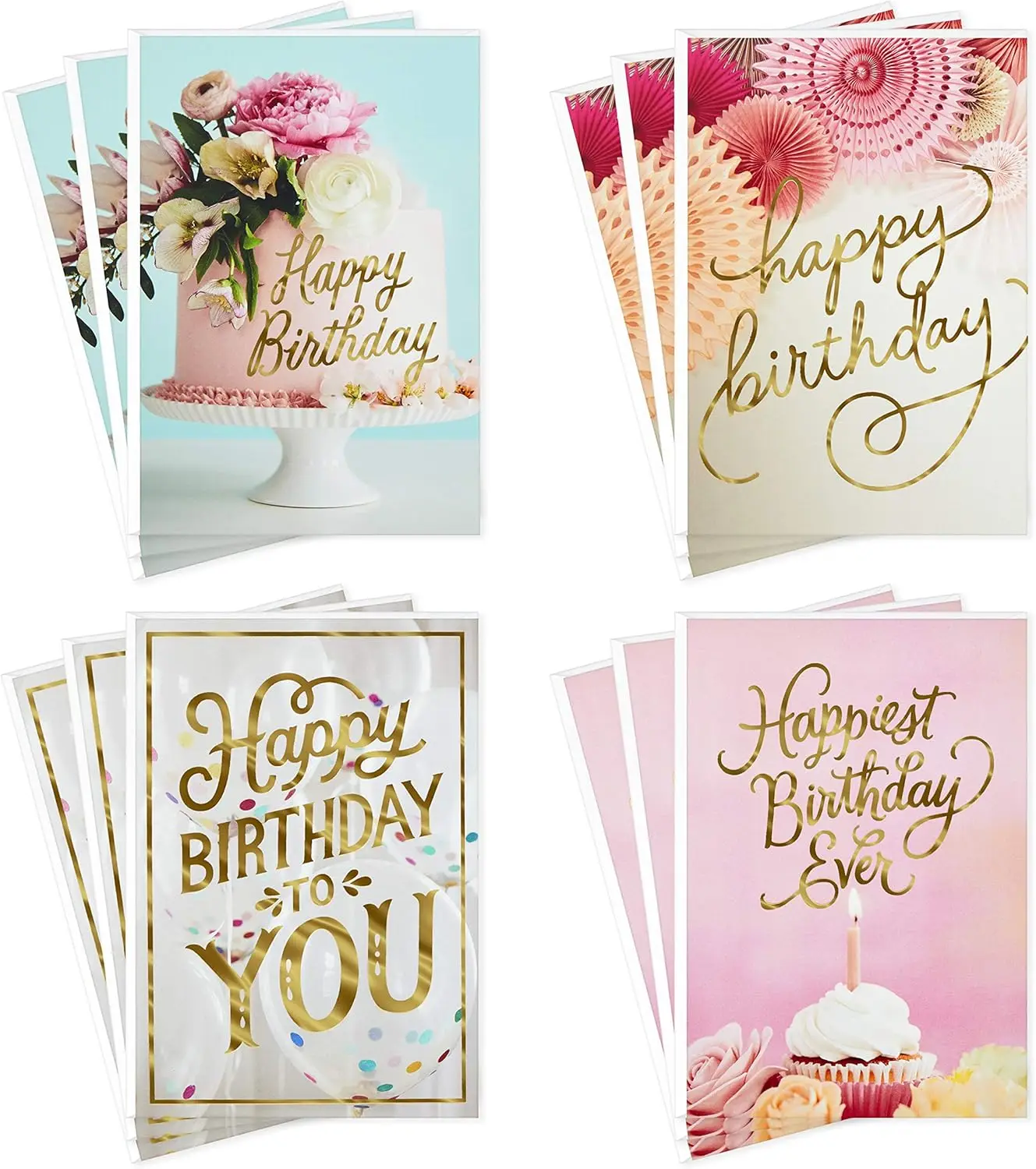 Birthday Cards Assortment, Balloons, Cake, Flowers (12 Cards with Envelopes)