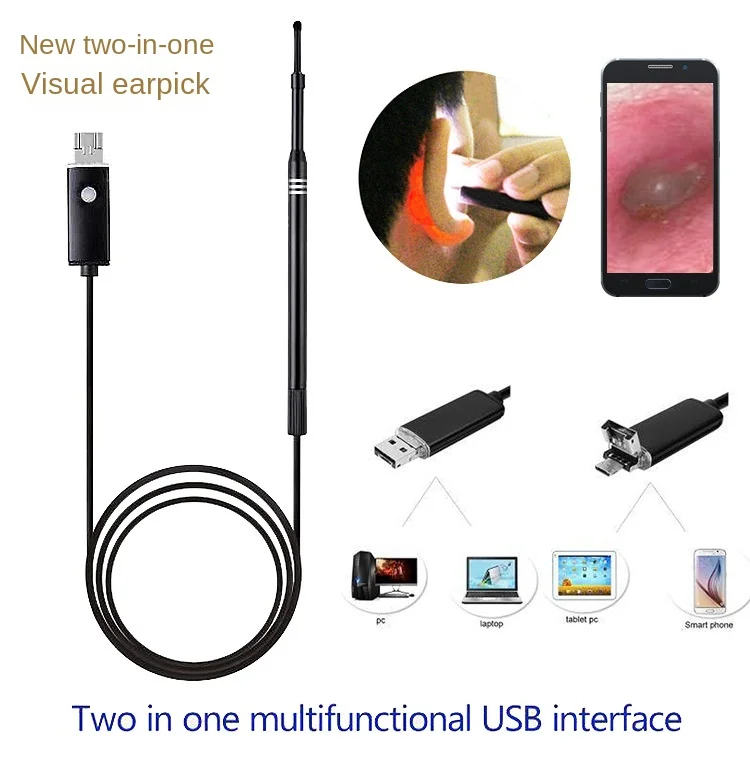 5.5 มม.2 In One เด็ก EAR Canal ท่อ Endoscope ภาพกล้อง Endoscope Light-emitting หู Scoop หูขุดท่อ Endoscope