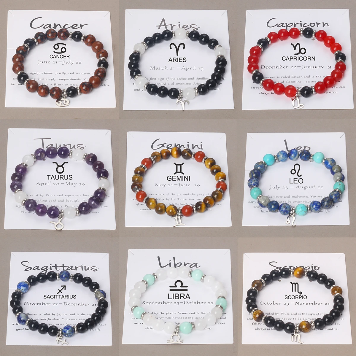 Pulsera de cristal Natural para hombre y mujer, colgante de Color plateado, 12 Constelaciones, acuario, capricornio, Tauro, regalos de joyería nuevos