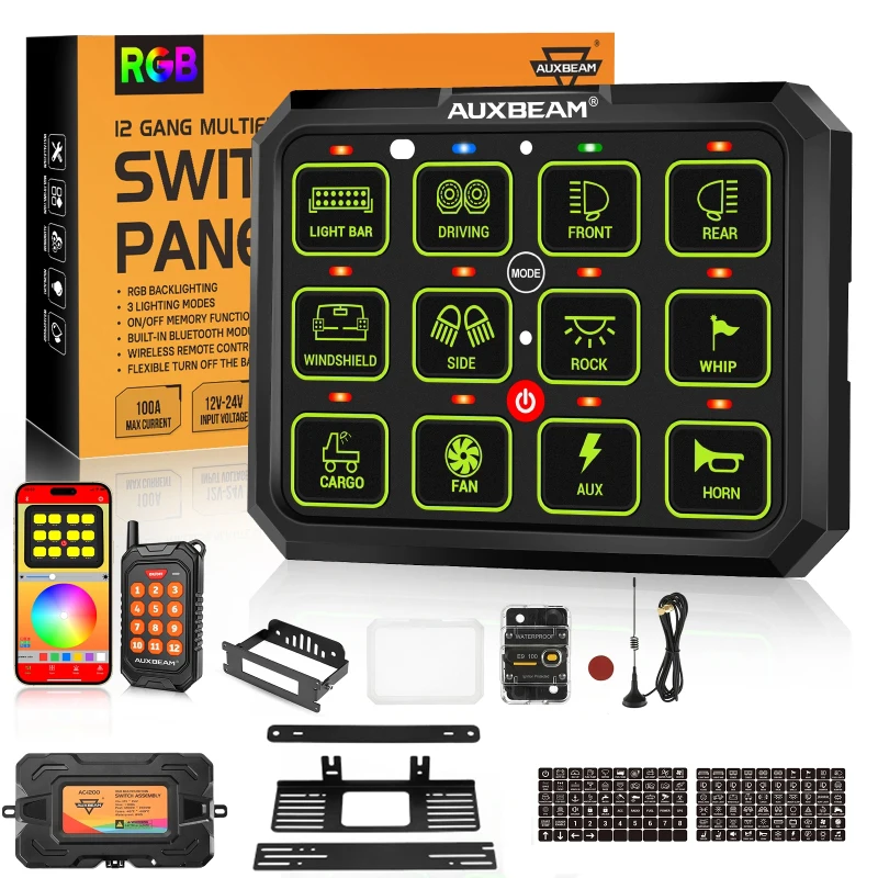 

RGB 12 Gang Multifunction Switch Panel Universal 12V 24V On-Off Switch Control Board with Remote App Control for Truck Off Road