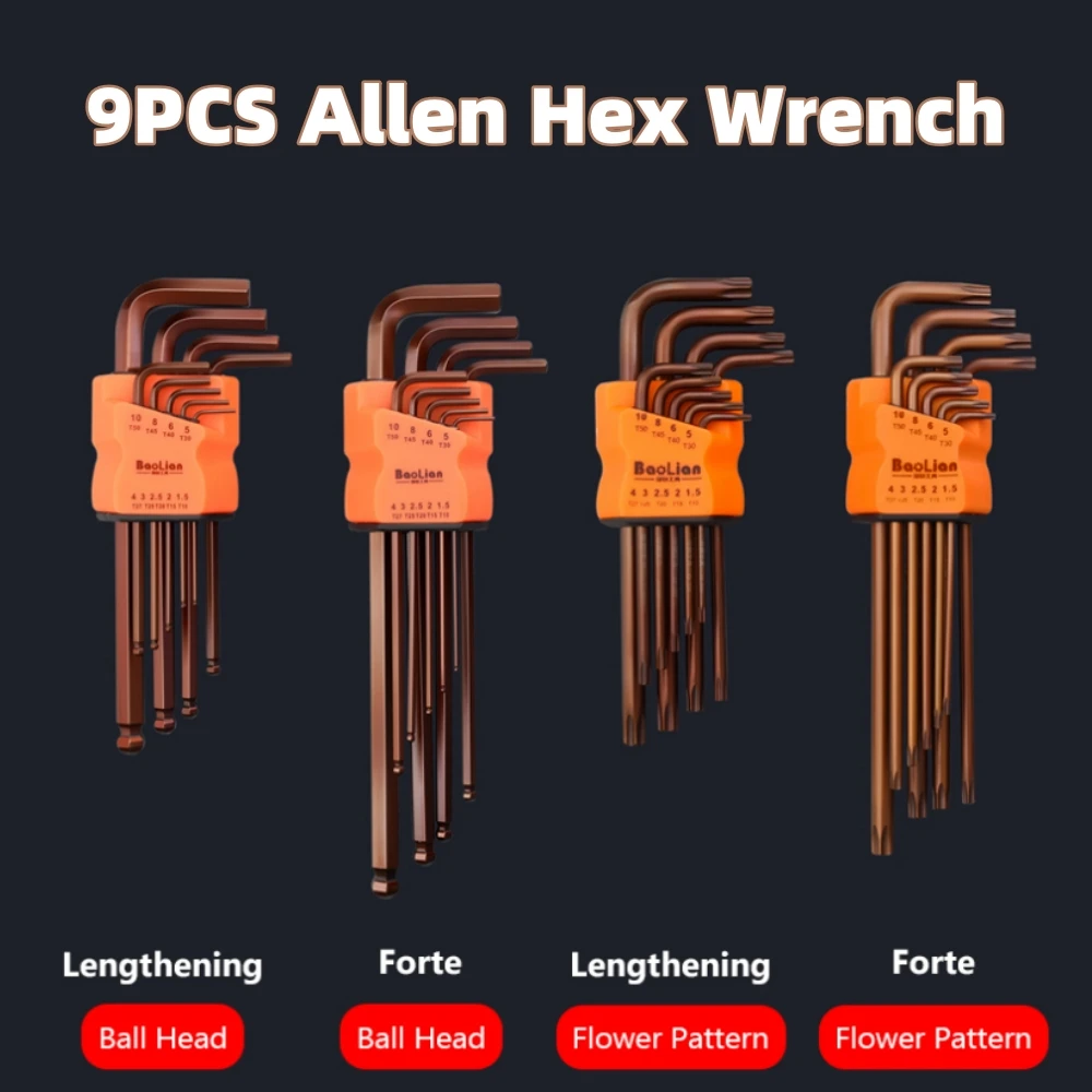 

9PCS Allen Hex Wrench Key Set L Type Dual-End Kit Universal Ball End Torx Screwdriver Hexagon Spanner Keys Mechanical Hand Tools