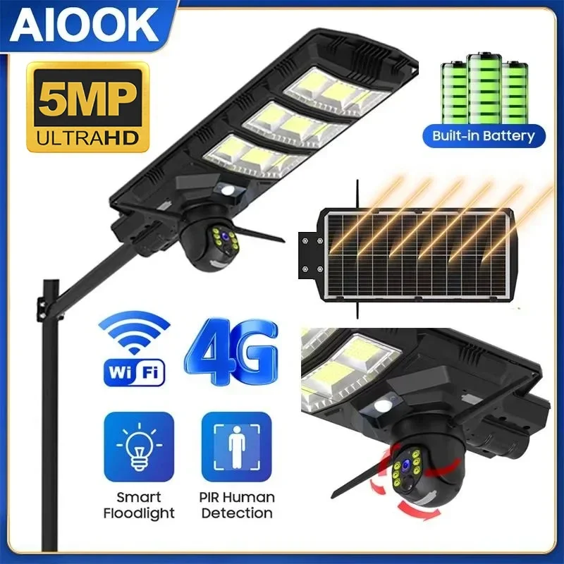AIOOK Solar Camera Light Camera HD 5MP WIFI IP CCTV 4G Camera Outdoor Waterproof Night Vision Two-Way Intercom PIR V380 PRO
