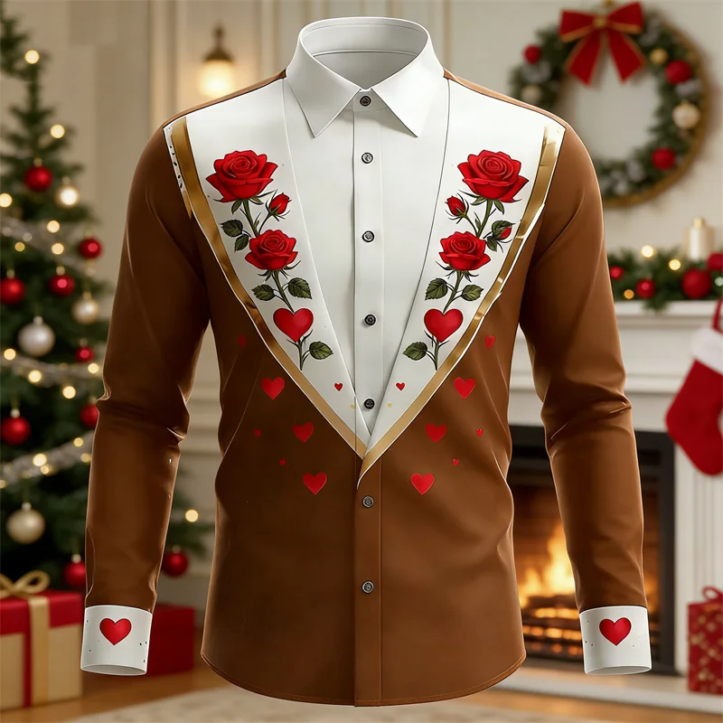 New men's long sleeved shirt with lipstick print pattern 3D printing design, men's lapel high-definition casual top