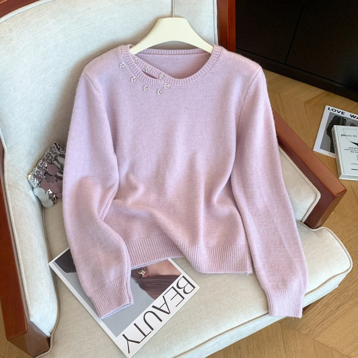 

Женский фиолетовый вязаный пуловер с круглым вырезом, винтажный джемпер 2000-х годов, вязаный кашемировый свитер с длинными рукавами для женщин, осень-зима 2025