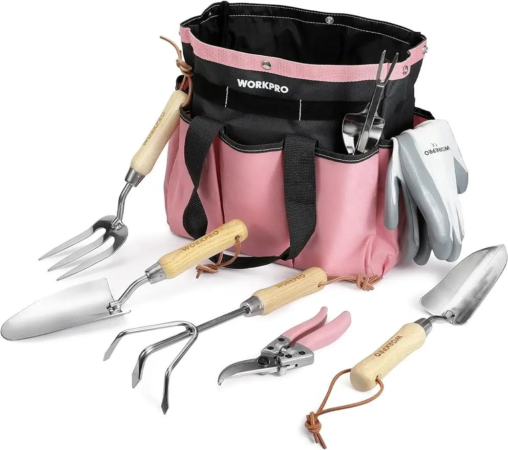 7-Piece Pink Garden Tool Set, Stainless Steel Gardening Tools with Wood Handle Including Garden Tote Gloves Trowel