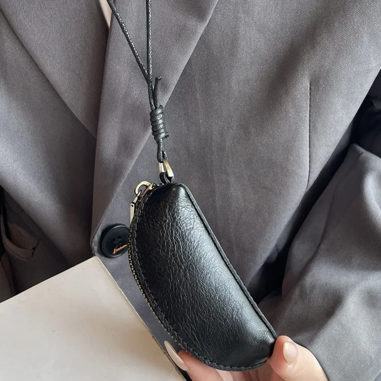 Neck Hanging Tannery Leather Coin Purse Multi-Functional Key Bag Decorative Top Layer Cowhide Small Hanging Bag for Daily Use