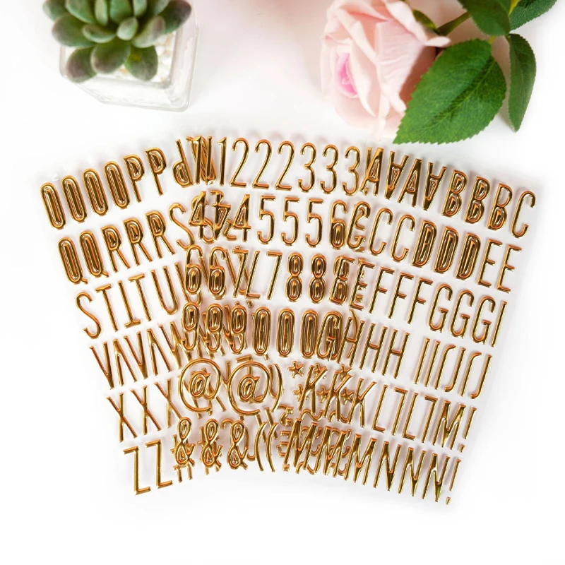 3 Sheets 3D Gold Puffy Letter Number Stickers DIY Decoration Greeting Card Crafts Scrapbook Self-Adhesive Gold Glittering Decals
