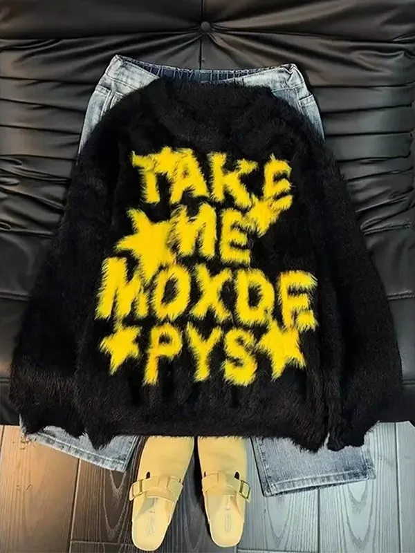 

American Color Blo Letter Print Camere Sweater Men's Winter Soft Cozy Overhead irt Trendy Outerwear Casual Sle