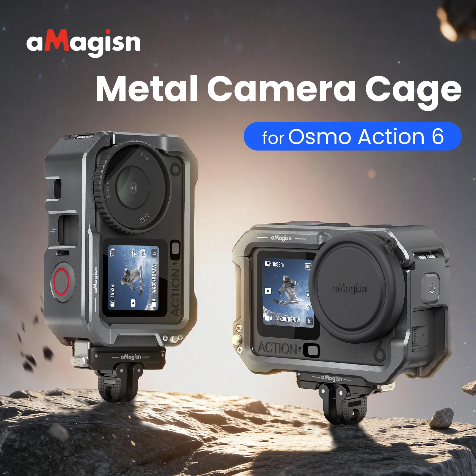 amagisn-dji-osmo-action-6用メタルケージ、レンズキャップ付き、クイックリリースベース対応、dji-action-6用保護アクセサリー