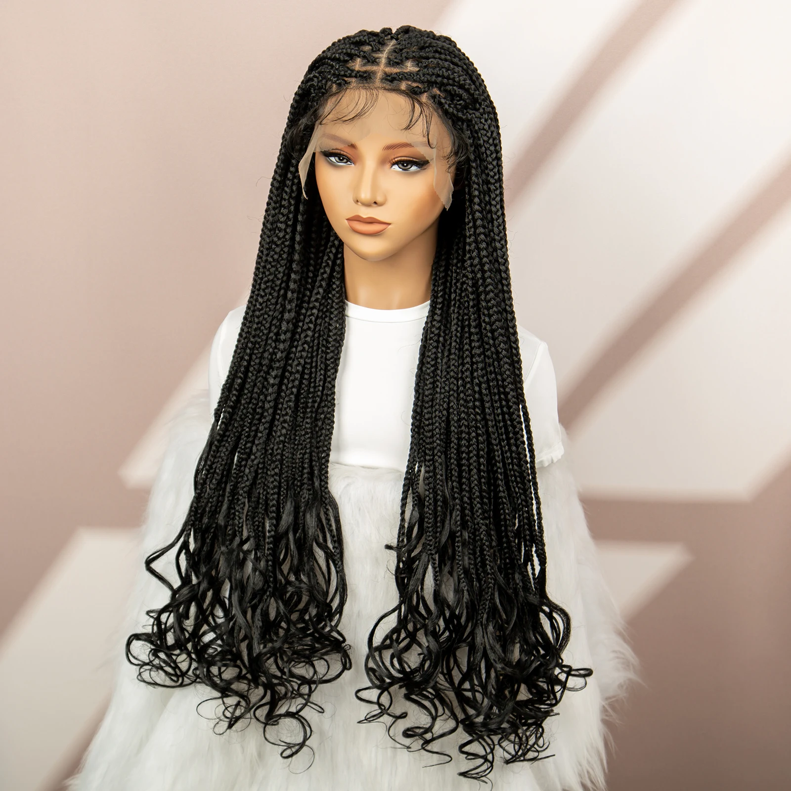 Lace Front Synthetic Braided Wigs Knotless Wigs for Black Women Micro Braids End Curly Wigs Box Braided Wigs with Baby Hair