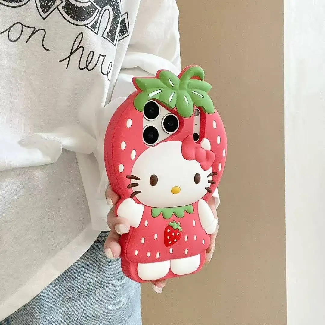 ثلاثية الأبعاد لطيف Ins الفراولة مرحبا كيتي جراب هاتف آيفون 17 16 15 14 13 12 برو ماكس 17 برو آيفون 11 مينيسو لينة غطاء سيليكون