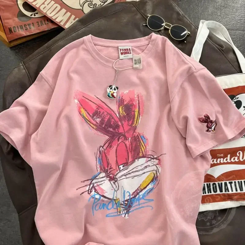 Summer Women Cartoon Rabbit Painting Leisure Half Sleeve Round Neck Girl Pullover Short Sleeve T-shirt Cute Female Tops image 5