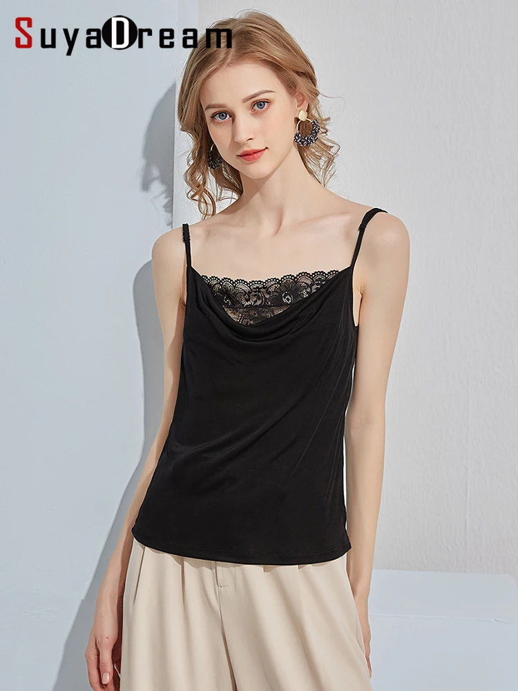 

SuyaDream, Woman Camisole, 23%silk 77%viscose, Double Collars, Lace Camis, 2024 Spring Summer T shirt, Black, White