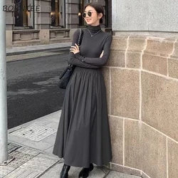 A-line Ankle Length Dress Women Inside Basic European Streetwear High Waist Elegant Ladies Temper Pure Color Turtleneck Vestido