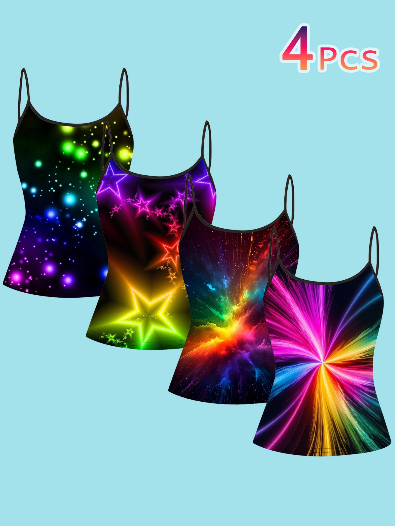 4-Piece Set of Women's Y2K Neon Nebula Star Print Camisoles with Cyber Colorful Radiating Light Effect Stars, Slim-Fit Spaghetti Strap Inner Tops