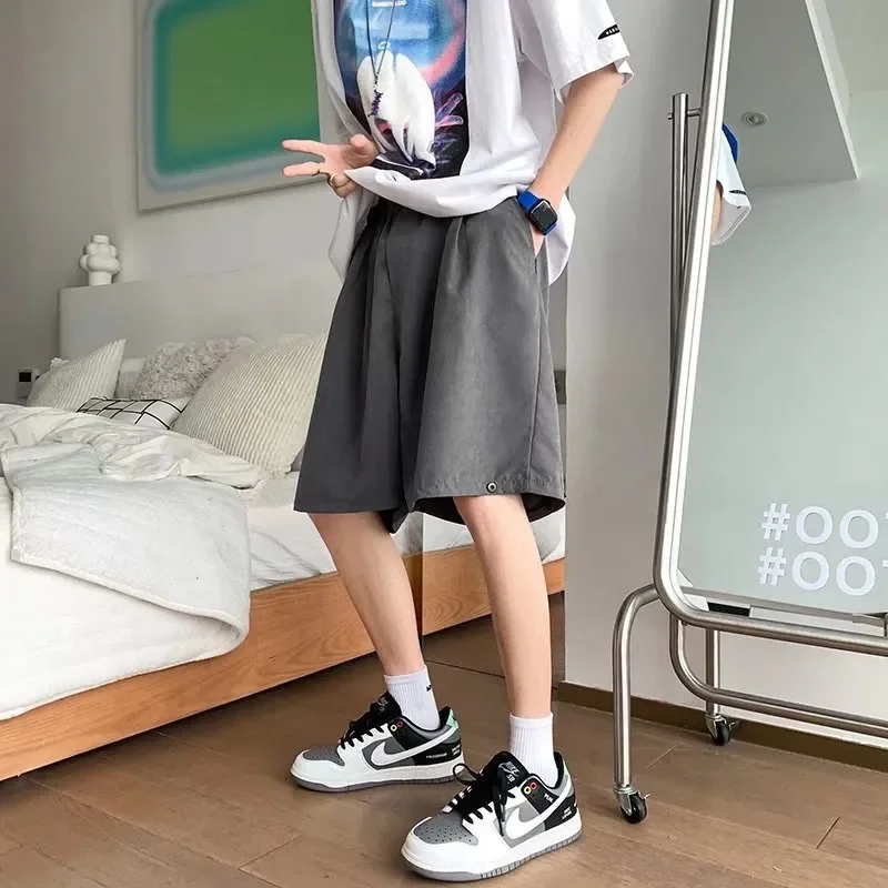 Unisex Black Cargo Shorts Button Hem Loose Fit Casual Trousers