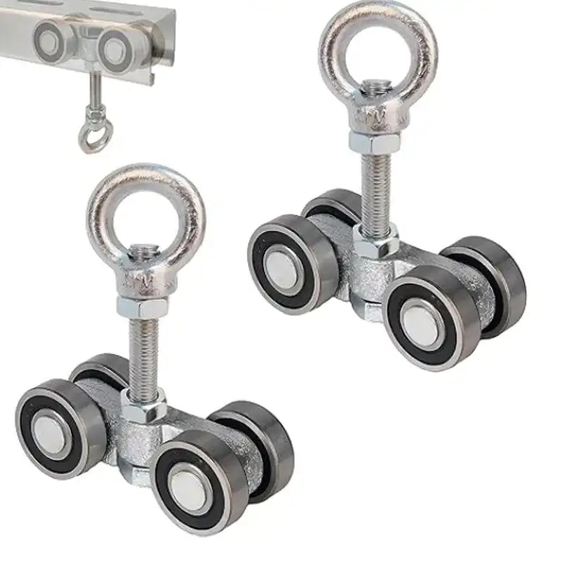 より高いストラットチャンネルトロリーアセンブリ、頑丈な引き戸、リニアガイドベアリング、トップマウントチャンネル、スチールシャフトハンギングホイール