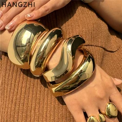 HangZhi Vintage Wide Cuff Bracelet Hip Hop Punk Gold Silver Color Geometric Metal Spring Bangles For Women Men Chunky Jewelry