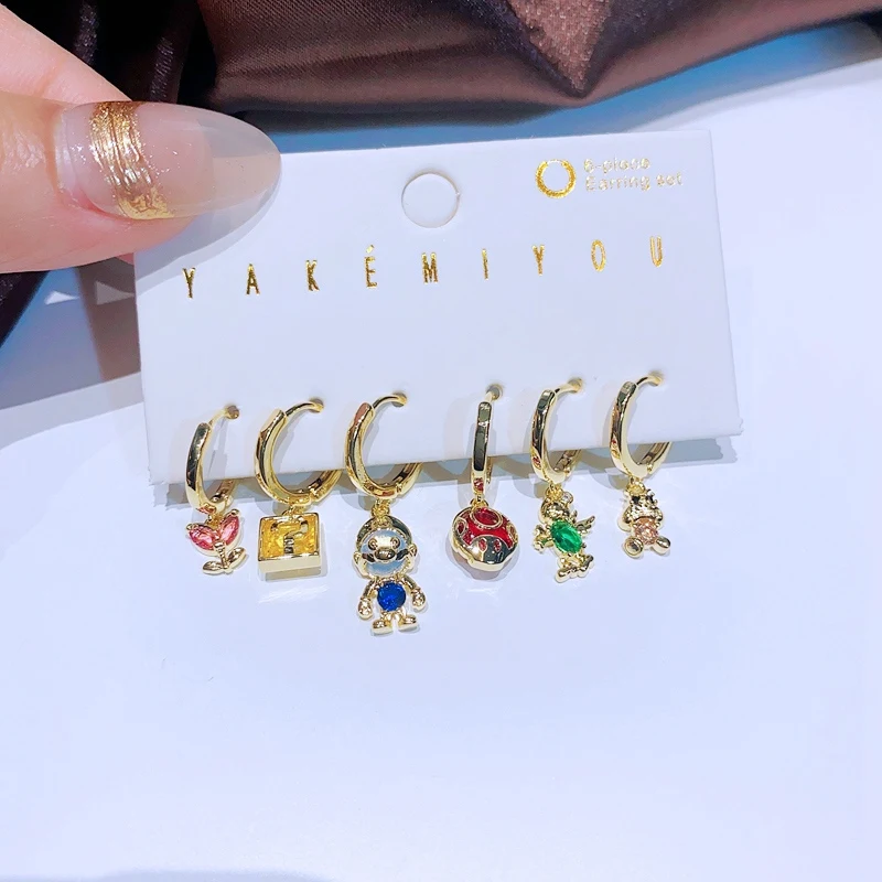 MIGGA 6pcs Multicolor Cubic Zircon Cartoon Dangle Earrings Set Gold Color Plated Women Party Jewelry