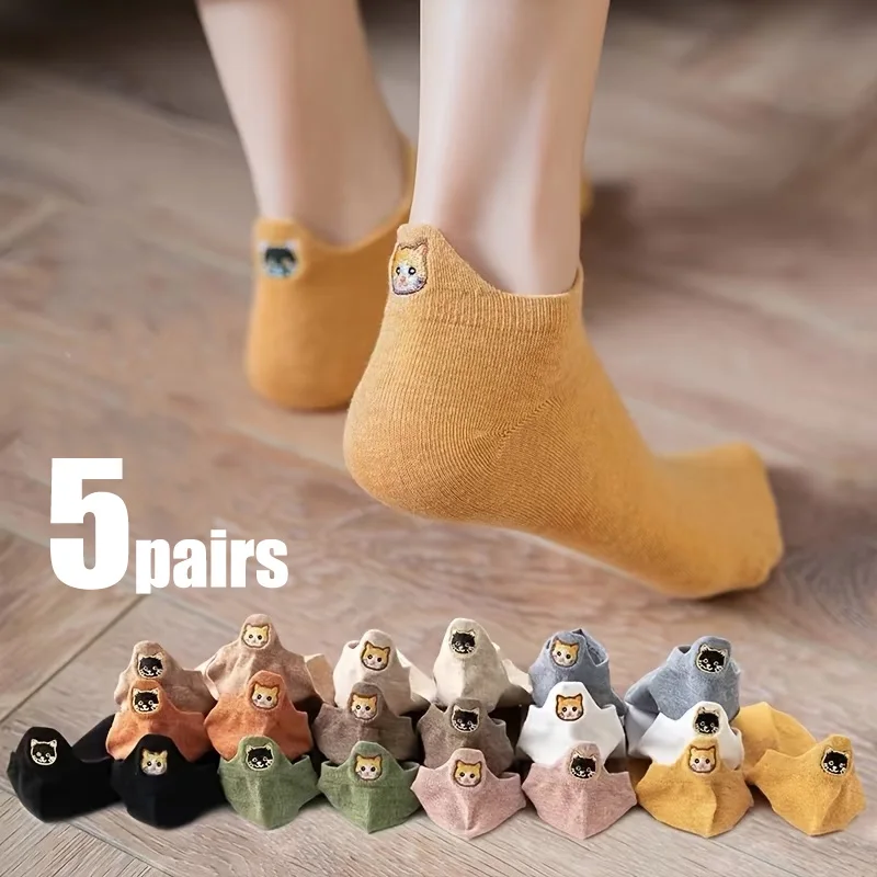 Spring Summer New Product Women Small Ears 3D Embroidery Cartoon Cat Cotton Short Socks Low Cut Shallow Mouth Ins Cute Socks