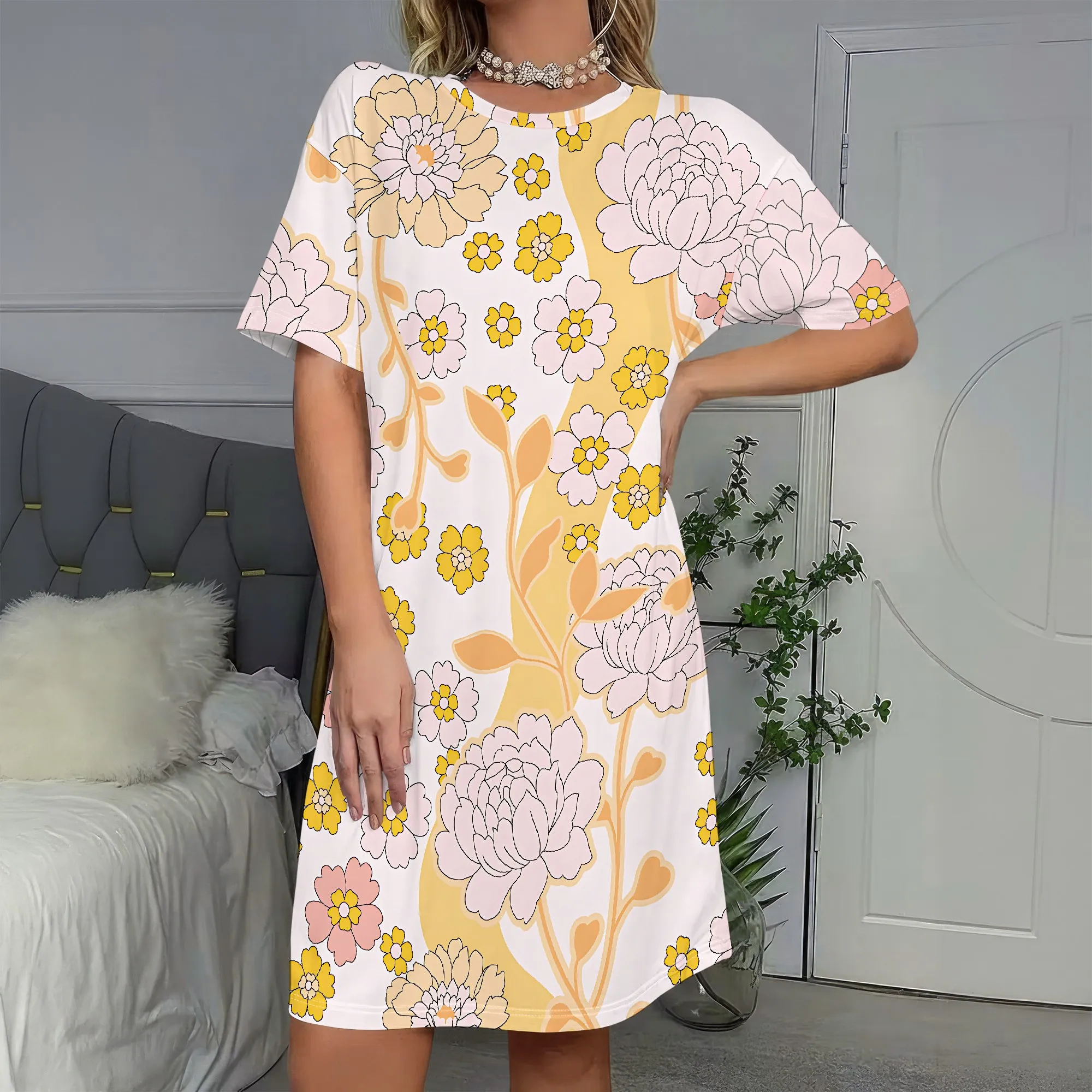 

Retro Floral, T-Shirt Dress, Yellow Print Short Sleeve, Loose Fit Casual Wear, Summer Outfit for Women, S-2XL